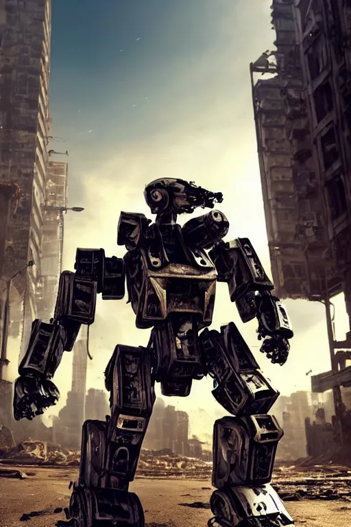 Image similar to a furture ai boxing humanoid mecha in ruin city, victory, punk style, by war robots, real steel ( 2 0 1 1 ), westworld and eve venture and pacific rim and machine warrior 5, cryengine, frostbite 3 engine, camouflage scheme, sharp focus, 8 k realistic, high definition, insanely detailed, sunny, ray tracing, realistic shaded,