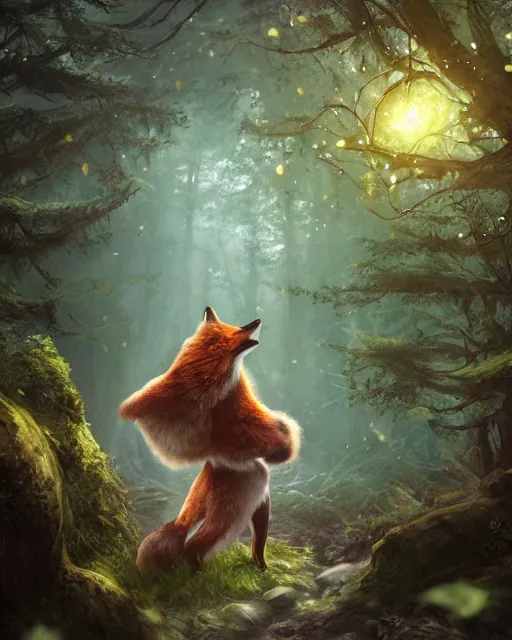 Image similar to Fox singing in forest, portrait, wearing hat, magical notes, fairy atmosphere, magic the gathering artwork, D&D, fantasy, cinematic lighting, centered, symmetrical, highly detailed, digital painting, artstation, concept art, smooth, sharp focus, illustration, volumetric lighting, epic Composition, 8k, art by Akihiko Yoshida and Greg Rutkowski and Craig Mullins, oil painting, cgsociety