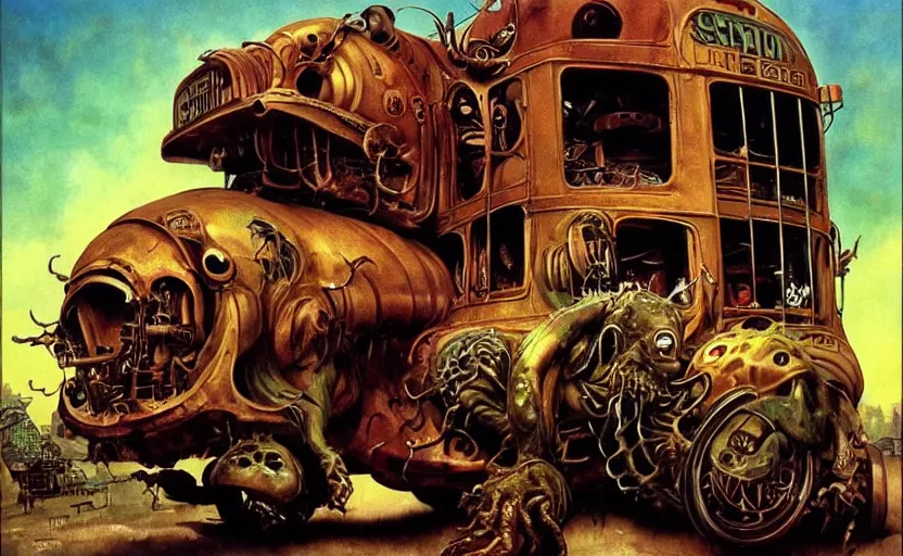 Image similar to cthulhu devouring a steampunk school bus. highly detailed science fiction painting by norman rockwell, frank frazetta, and syd mead. rich colors, high contrast, gloomy atmosphere, dark background. trending on artstation