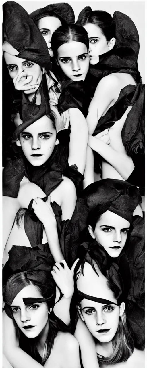 Prompt: Emma Watson and her twin sisters closeup face with pouting lips, shoulders, very long hair hair wearing an oversized Beret, wearing a mandelbrot fractal biomechanical sculpture mask, elegant Vogue fashion shoot by Peter Lindbergh fashion poses detailed professional studio lighting dramatic shadows professional photograph by Cecil Beaton, Lee Miller, Irving Penn, David Bailey, Corinne Day, Patrick Demarchelier, Nick Knight, Herb Ritts, Mario Testino, Tim Walker, Bruce Weber, Edward Steichen, Albert Watson