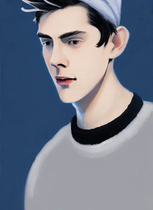 Image similar to portrait of teenage jughead jones wearing a light grey crown, crown, blue turtleneck, 1 9 5 0 s, closed eyes, photorealistic, black hair, glowing lighting, intricate, elegant, glowing lights, highly detailed, digital painting, artstation, concept art, smooth, sharp focus, illustration, art by wlop, mars ravelo and greg rutkowski