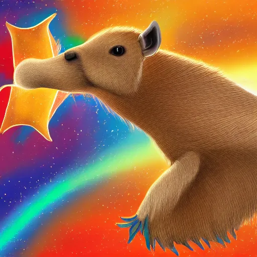 Prompt: digital painting of a boy riding a magical flying capybara in space