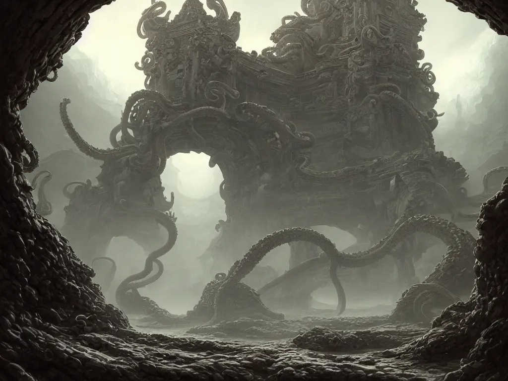 Prompt: A picture of a mysterious ancient temple with tentacles coming out of the massive entrance art by Darek Zabrocki and Natasha Tan, ominous, cosmic horror, trending on artstation, Ultra detailed, hyper realistic, 4k