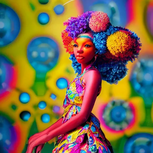 Prompt: Vibrant, cheerful stunning maximalist afrofuturism flowerpunk girl from the rainbow sky paradise, high-tech, detailed by Mark Ryden and artgerm, 35mm macro shot, hyperrealism, 8k resolution 3D