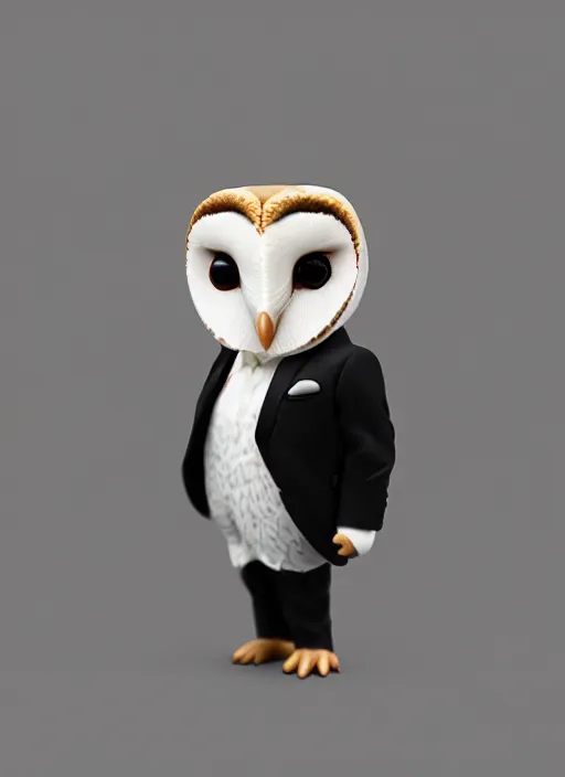 Prompt: cute barn owl funko pop in a black suit, emidio tucci, 8 k, hd, dof, kodak film, volumetric lighting, subsurface scattering, photorealistic, octane render, details