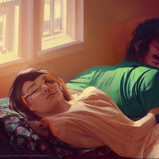 Image similar to young man in orange shirt and a girl in green shirt sleeping in bed close to guinness bottles highly detailed, digital painting, artstation, concept art, smooth, sharp focus, illustration, art by artgerm and greg rutkowski and alphonse mucha