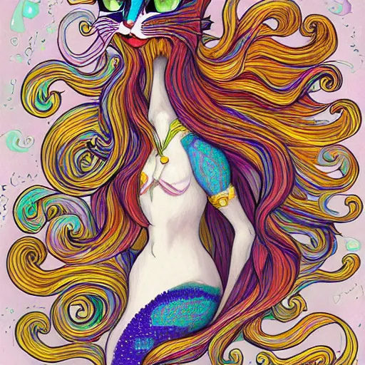 Image similar to cat seahorse mermaid shapeshifter, long-haired humanoid fursona by Louis Wain, furaffinity, trending on artstation