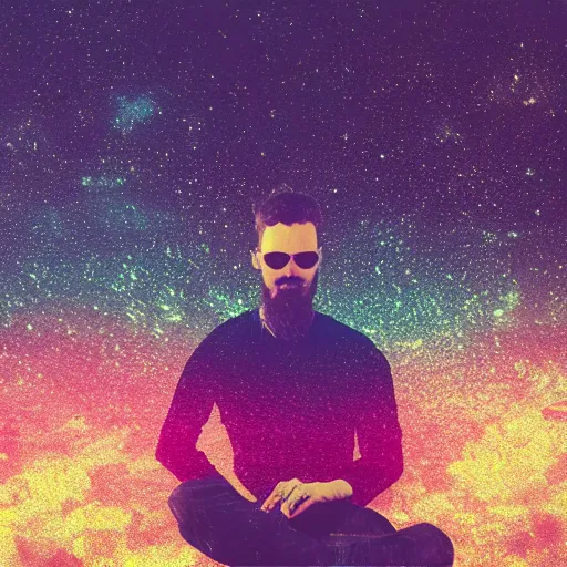 Image similar to a calm man sitting in space listening to music, synthwave, retro, acrylic art blurry background, depth of field,