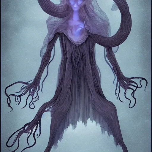 Image similar to concept designs for an ethereal ghostly wraith like figure with a squid like parasite latched onto its head and long tentacle arms that flow lazily but gracefully at its sides like a cloak while it floats around a frozen rocky tundra in the snow searching for lost souls and that hides amongst the shadows in the trees, this character has hydrokinesis and electrokinesis for the resident evil village video game franchise with inspiration from the franchise Bloodborne and the mind flayer from stranger things on netflix in the style of a marvel comic