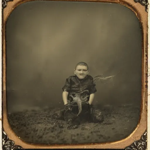 Image similar to tintype photo, boy rides a squid, underwater, jellyfish