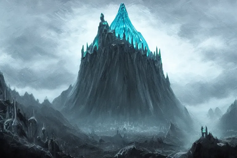 Prompt: concept art mood painting environment painting man walking towards minas morgul ominous dark spectral fortress lord of the rings. style of, ryan church, jon mccoy, george hull, painting