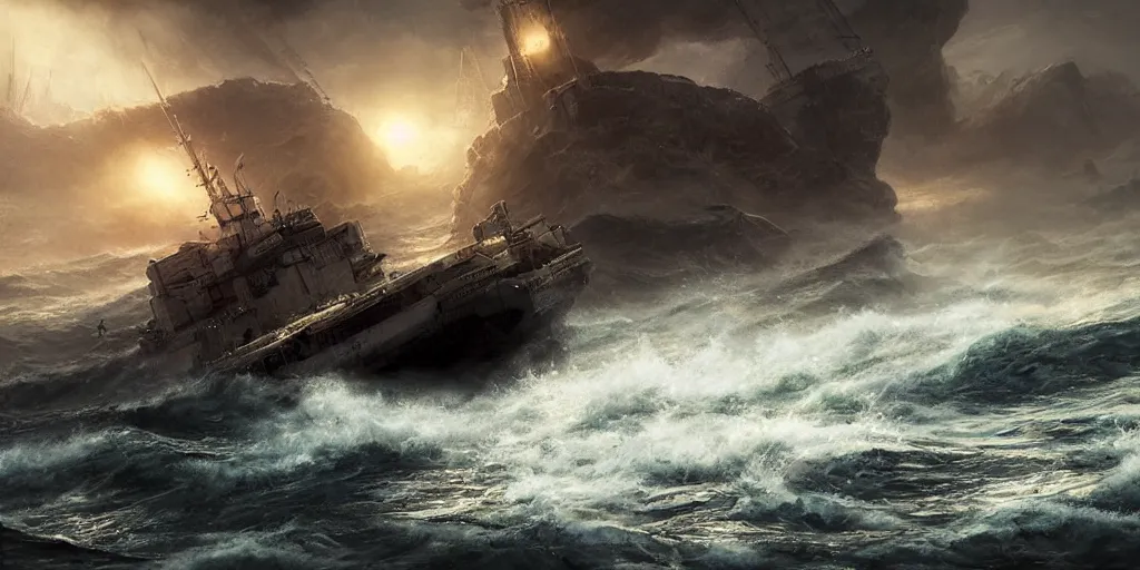 Image similar to scifi barge in turbulent waters in rocky coast, hyper realistic, highly detailed, digital art, apocalyptic, intimidating lighting, raytracing, sharp focus, smooth, romanticism