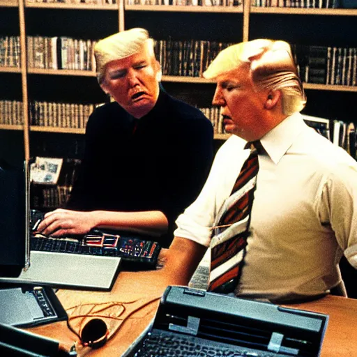 Image similar to candid color photo of Donald Trump sitting at a bank of very complicated, 1970's looking computers (designed by gucci ) working through the night in his theoretical physics lab with his old nemesis george lucas. They are both frustrated at not having cracked the theorem. photo by annie leibowitz