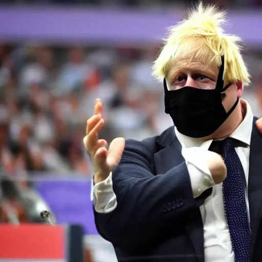 Image similar to boris johnson as an angry muscular wwe wrestler wearing a cap hat. he is looking closely at his fingers