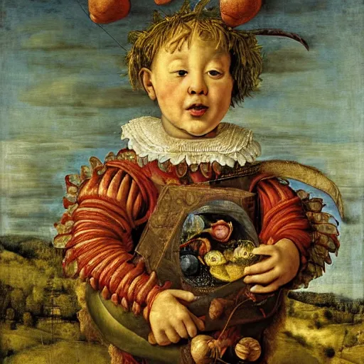 Image similar to a boy and his kite, by giuseppe arcimboldo, renaissance, portrait, fruit, detailed oil paint, high definition