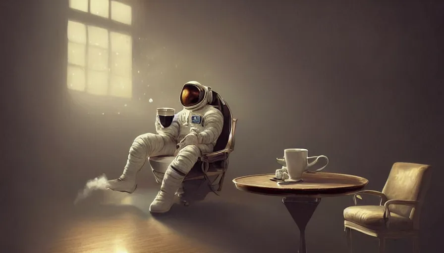 Image similar to astronaut sitting in armchair with cup of coffee with steam from cup, terraformed mars, wide shot, digital painting, intricate details, trending on artstation, concept art, octane render, realistic, highly detailed, smooth, sharp focus, beautiful, 4 k, 8 k, hd, art by charlie bowater and artgerm and greg rutkowski