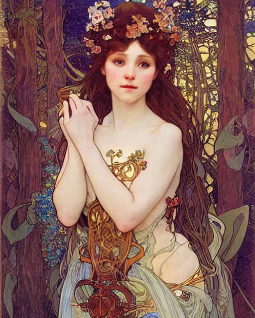 Image similar to an elf princess by Ross Tran, Alphonse Mucha, Gustav Klimt and edgar maxence