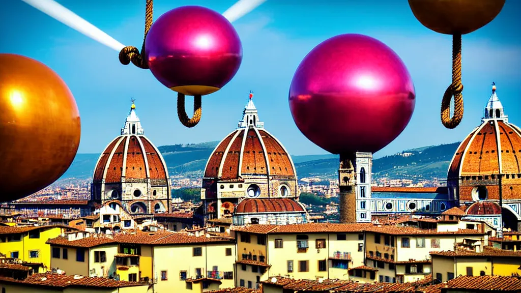 Image similar to large colorful futuristic space age metallic steampunk steam - powered balloons with pipework and electrical wiring around the outside, and people on rope swings underneath, flying high over the beautiful medieval florence city landscape, professional photography, 8 0 mm telephoto lens, realistic, detailed, photorealistic, photojournalism