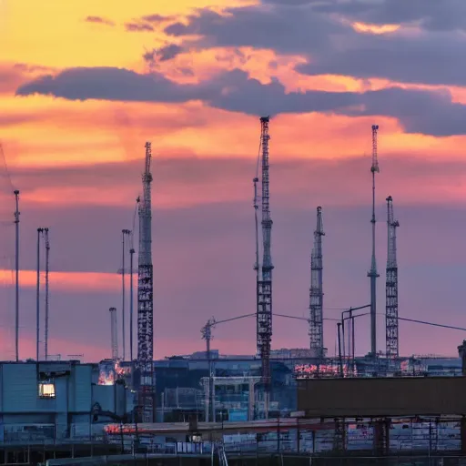 Image similar to The beauty of the sunset was obscured by the industrial cranes.