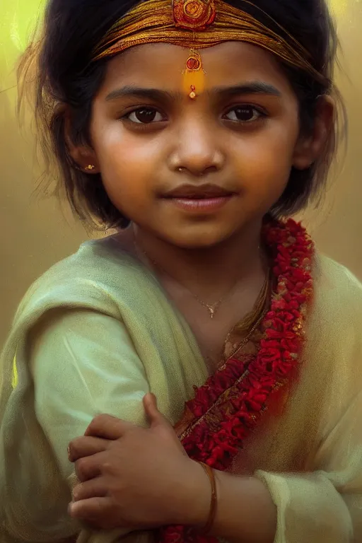 Image similar to hindu little girl, joyful, close - up portrait, intricate, elegant, volumetric lighting, scenery, digital painting, highly detailed, artstation, sharp focus, illustration, concept art, ruan jia, steve mccurry