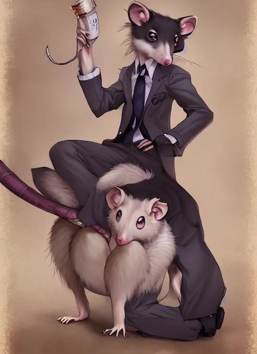 Image similar to character portrait of a male anthro opossum fursona with a tail and a cute beautiful attractive detailed furry face wearing a dress shirt and slacks outside a city tattoo parlor. Character design by charlie bowater, ross tran, artgerm, and makoto shinkai, detailed, inked, western comic book art