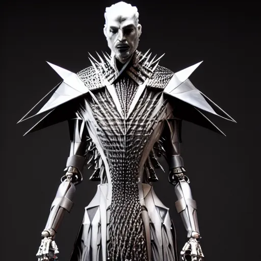 Prompt: avantgarde studio light mr sinister by rembrandt, prometheus movie still frame of biomimetic mr sinister, mcu nathaniel essex mr sinister by caravaggio, 3 d biocybernetic character sculpture by wayne barlowe, metal couture editorial dress by alexander mcqueen