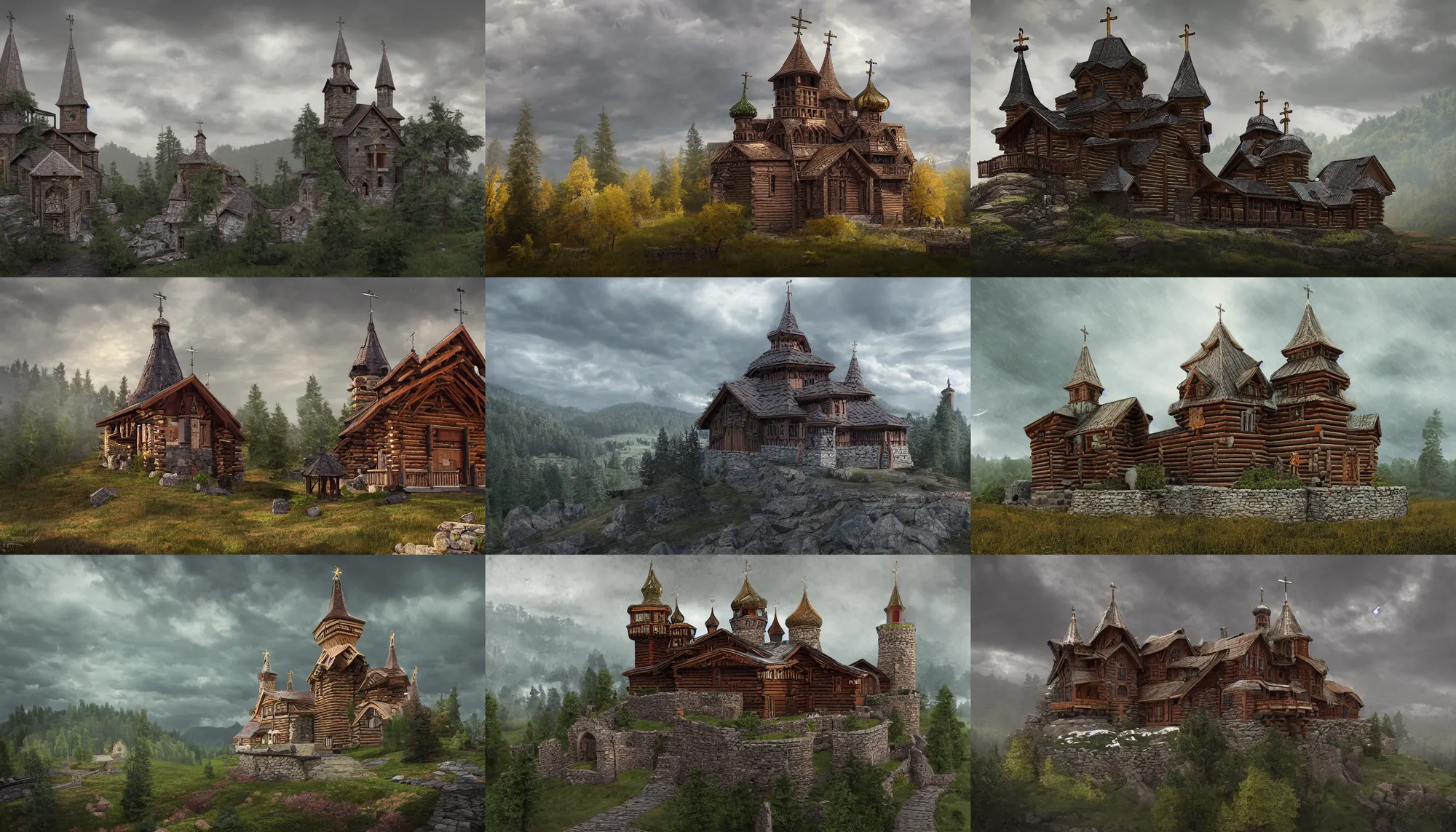 Prompt: tall castle enclosed palisaded, with christian wooden churches and domes on them, log houses built on hills, slavic, russian, slovenian, tartarian architecture, contrasting, gray skies, hyper - detailed, artstation, cgsociety, 8 k