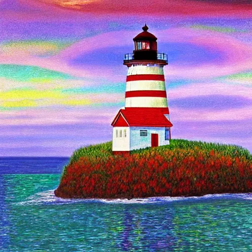 Prompt: view of the lighthouse from the city downtown, american gothic, vibrant colors americana, cinematic, volumetric lighting, ultra wide angle view, realistic, detailed painting in the style of gustav klimt