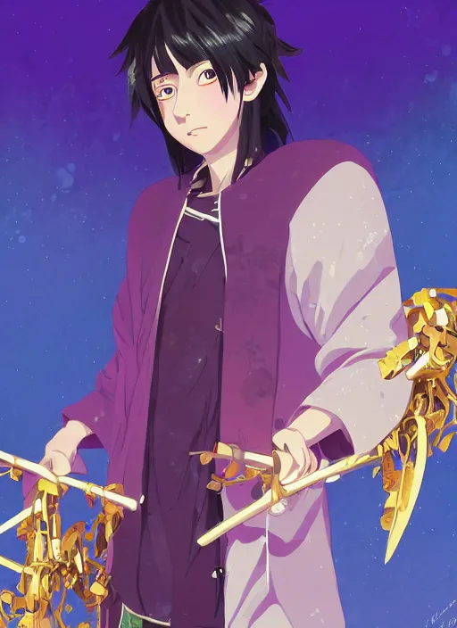 Image similar to teenager boy with straight indigo hair, purple eyes with red eye markers, slim body, wearing a detailed Japanese kimono with golden armpieces, holding a pair of fans. rich vivid colors, ambient lighting, dynamic lighting, 4k, official media, anime key visual, makoto shinkai, ilya kuvshinov, lois van baarle, rossdraws, detailed, trending on artstation