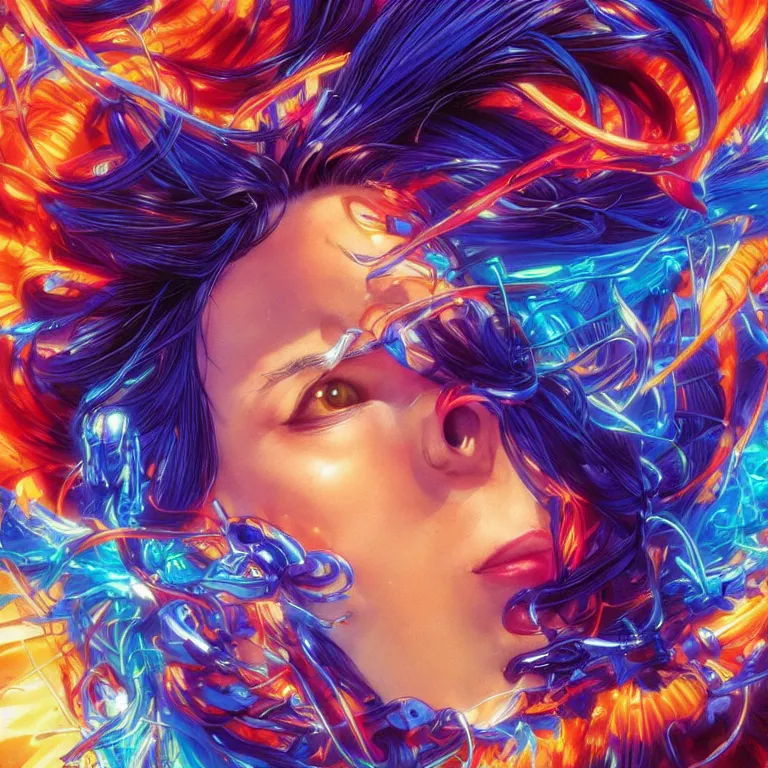 Prompt: an ultra real facial portrait of a swirly haired sonic the hedgehog from movie ex machina, vibrant colors, colorful wires, tropical, sunlight filtering through skin, dynamic hair movement, dynamic pose, glowing butterflies, j. c leyendecker, by alan lee, wlop! illustrated by starember, fantasy art by craig mullins