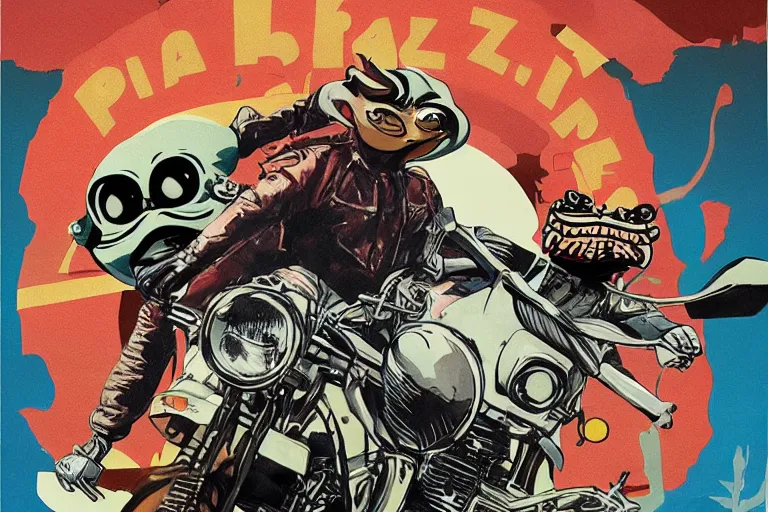 Image similar to 'pizza the hut', akira's motorcycle, gorillaz, poster, high quality