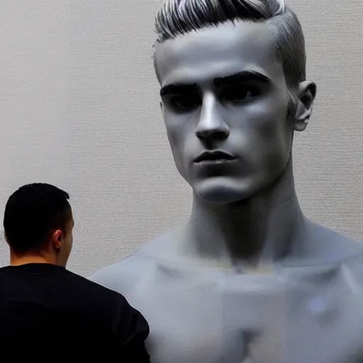 Image similar to “ a realistic detailed photo of a guy who is an attractive humanoid who is half robot and half humanoid, who is a male android, soccer player antoine griezmann, shiny skin, posing like a statue, blank stare, at the museum, on display ”