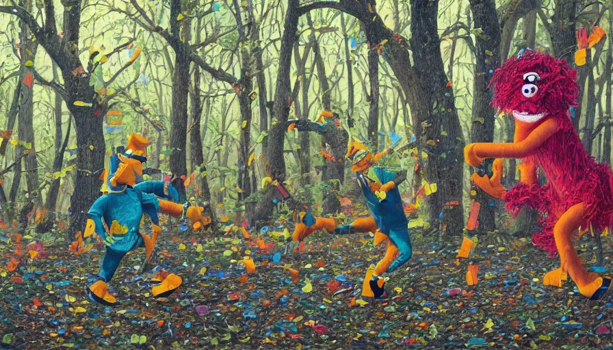 Image similar to safety cones scattered around an oak tree forest, man in muppet gorilla sri lankan costume dancing in the distance dancing, by james jean by ilya kuvshinov kintsugi, hyper detailed surrealist painting