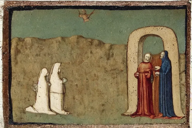 Image similar to polaroid photo of an medieval painting of an ufo