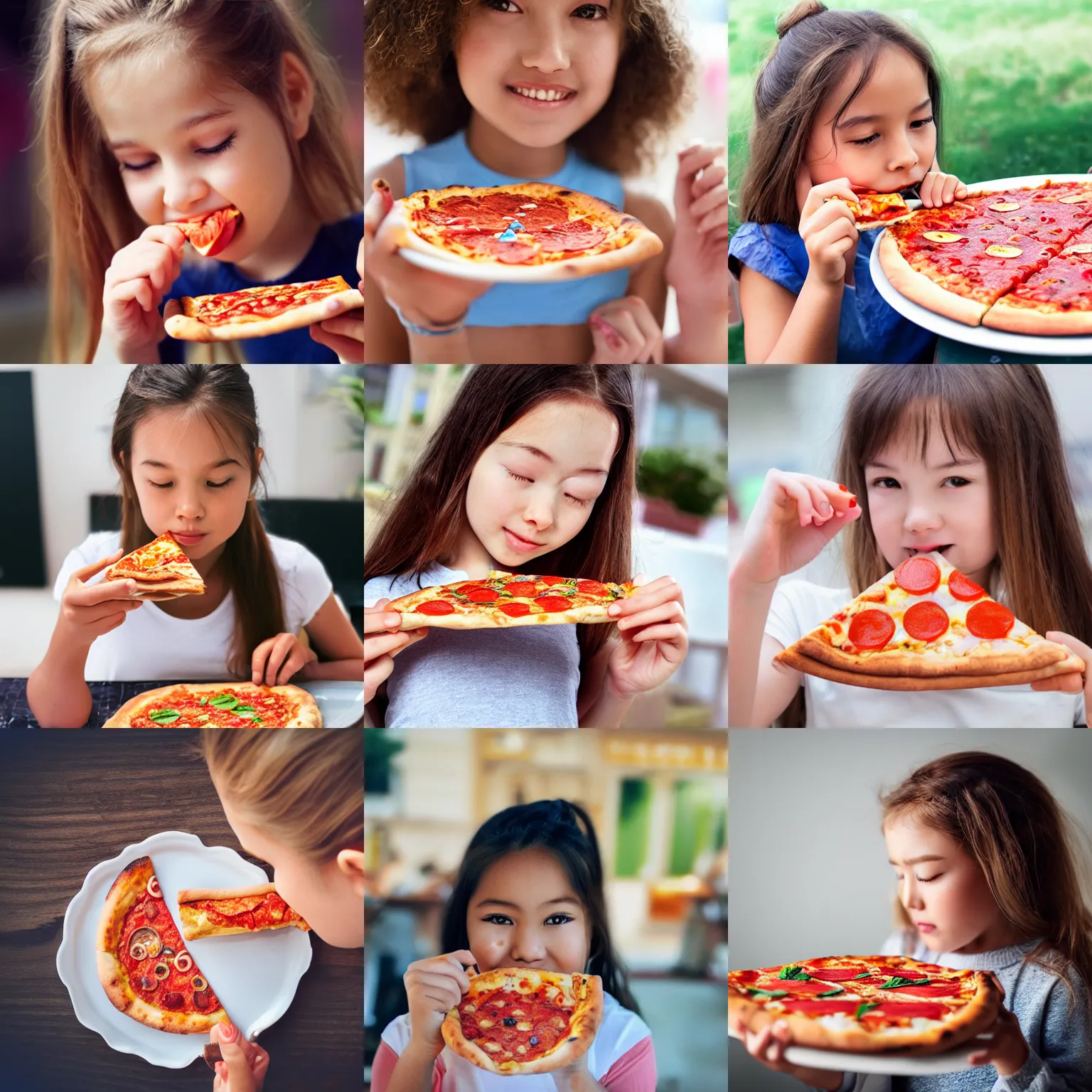 Prompt: a young girl eating a very tasty looking slice of pizza, old photo, xiaomi phone, very detailed, realistic, intricate details