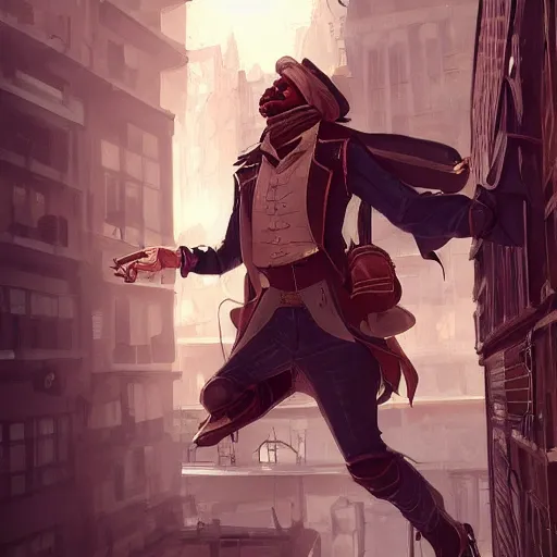 Image similar to First person POV of a character jumping through the window of a tall building in a bustling steampunk city built in the desert, game concept art, artstation, digital painting