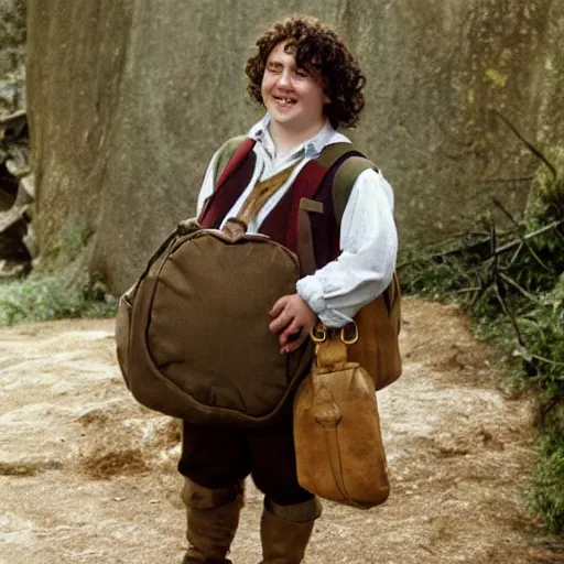 Prompt: pudgy British teen with short curly dark brown hair as a hobbit wearing a white men's crossbody sling chest bag and blue vest