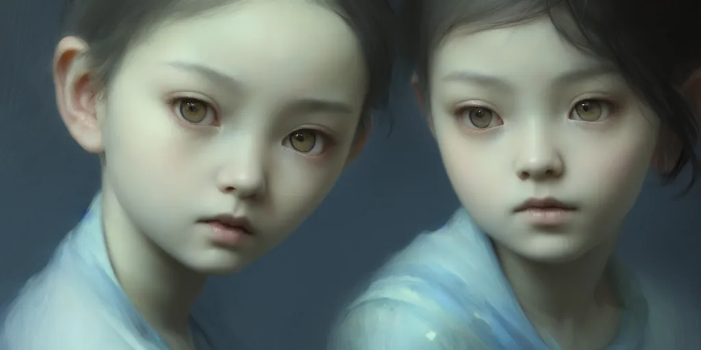 Image similar to portrait of a big eyed, blue short haired beautiful little girl looking sad to the camera with sad eyes, extremely detailed digital painting, in the style of fenghua zhong and ruan jia and jeremy lipking and peter mohrbacher, mystical colors, rim light, beautiful lighting, 8 k, stunning scene, raytracing, octane, trending on artstation