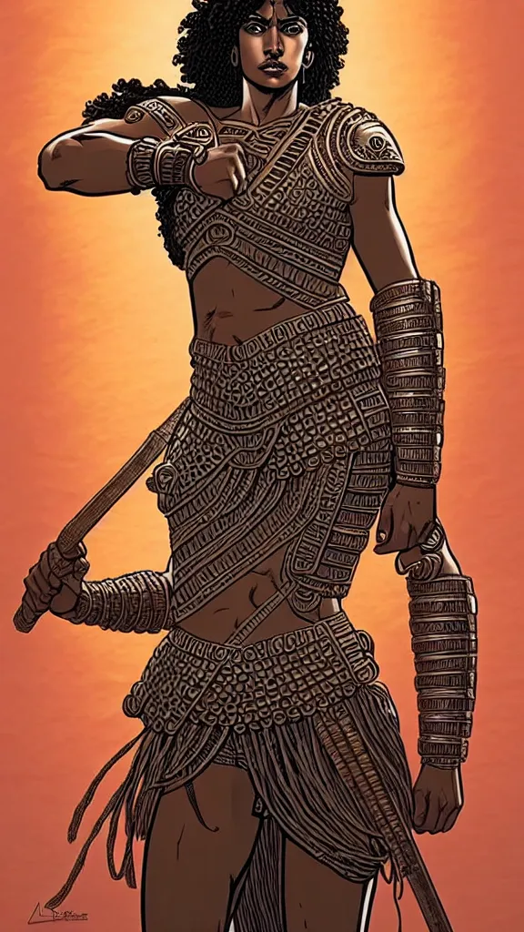 Image similar to greek amazon female warrior, a tall beautiful woman with brown skin and long curly dark hair, dressed in hellenistic body armour, intricate, elegant, highly detailed, smooth, sharp focus, detailed face, high contrast, graphic novel, art by laurie greasley