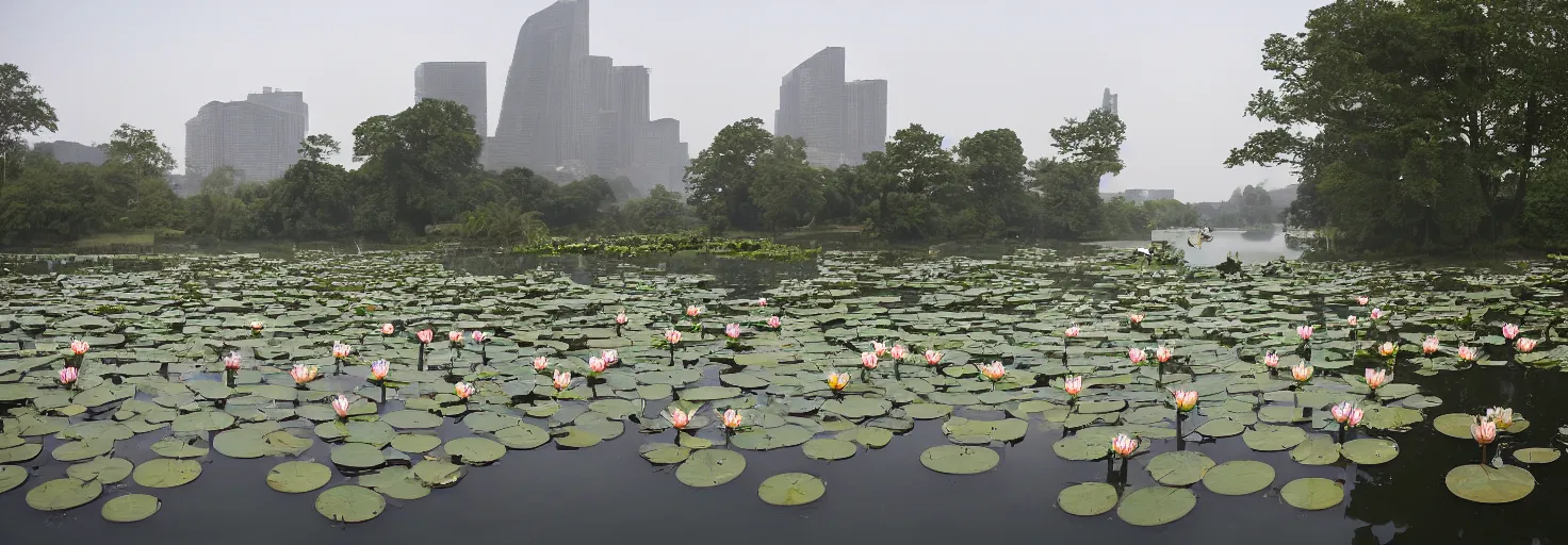 Prompt: A large combat robot lies in the shallow waters of a lake in front of an abandoned cityat sun dawn, water lilies float on the surface of the water