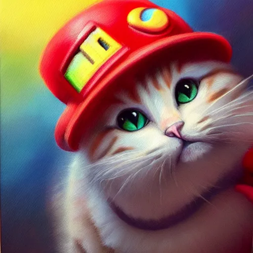 Prompt: A beautiful oil painting of a Kawaii Cat wearing a Super Mario Hat, nintendo, box art, intricate, volumetric lighting, summer, hyperrealistic, colorful, hyperdetailed.