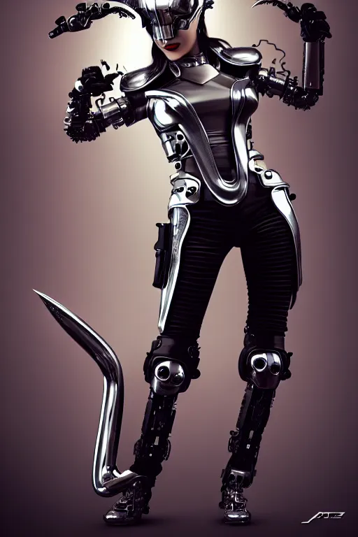 Image similar to female chrome futuristic cyborg with curved metal horns, chrome motorcycle parts, full body, Loki horns, machine background, dark sci-fi, diffuse lighting, fantasy, intricate, elegant, highly detailed, lifelike, photorealistic, digital painting, artstation, illustration, concept art, smooth, sharp focus, art by John Collier and Albert Aublet and Krenz Cushart and Artem Demura and Alphonse Mucha