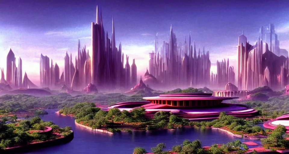 Image similar to An incredibly beautiful establishing shot from a 2020 film featuring utopian fantasy city designed by Frank Lloyd Wright. Very detailed, photorealistic effects.