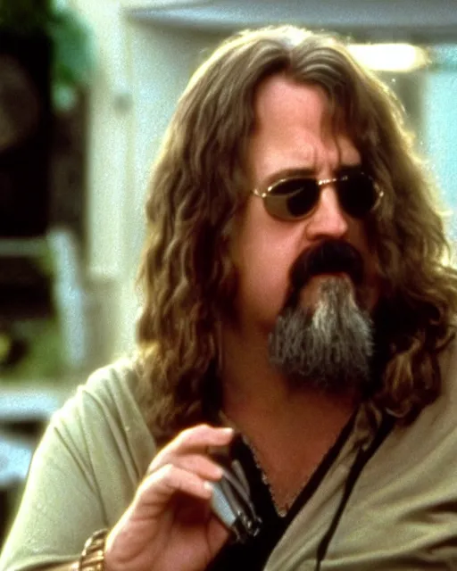 Image similar to The daughter of the Dude. The Big Lebowski as a woman. Slightly chubby woman, unkempt but pretty, long brown hair and green eyes.