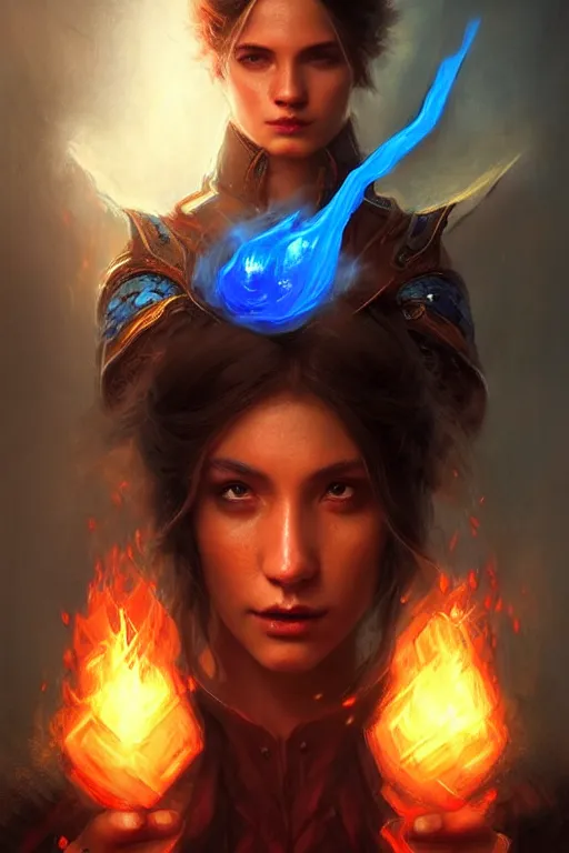 Image similar to Front portrait of mage hold a blue fire on right hand and red fire on the left hand, full body, fine art, awesome fantasy book cover on Pinterest, award winning, dark fantasy landscape, fantasy magic, intricate, elegant, sharp focus, cinematic lighting, highly detailed, digital painting, concept art, art by WLOP and Artgerm and Greg Rutkowski, masterpiece, trending on artstation, 8K