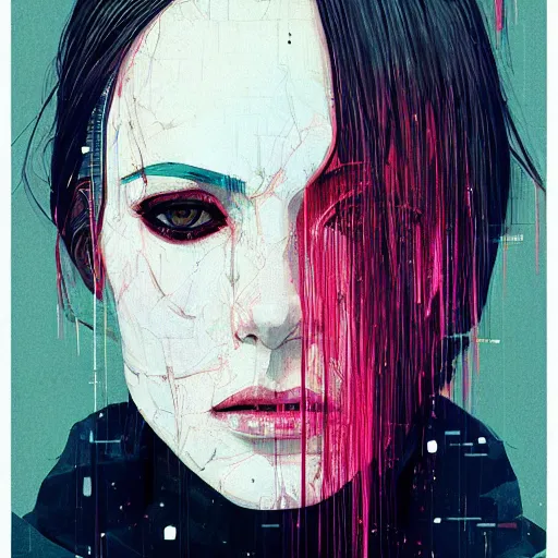 Prompt: portrait of woman, cyberpunk, sad, by conrad roset