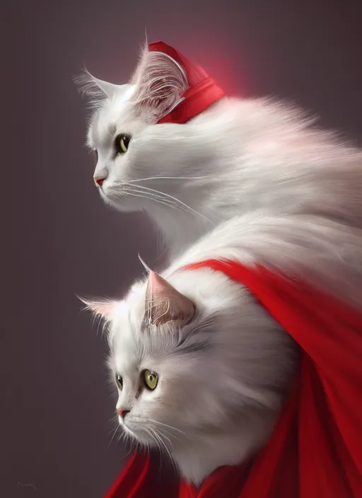 Image similar to side profile of a ragdoll cat king wearing a crown and red cape, fantasy, digital painting, volumetric light, intricate, sharp, focus, bloom, illustration, highly detailed, concept art, matte, ruan jia, randy vargas, greg rutkowski