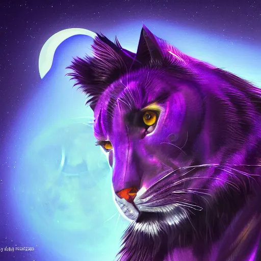 Image similar to render of a large purple panther at night roaring at night. moon in background digital drawing, illustration, 4 k, highly detailed, matte painting, artstation, artistic, realistic, dramatic, dark.