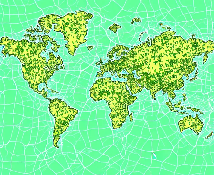 Prompt: top down 2d vector map with black background and green islands