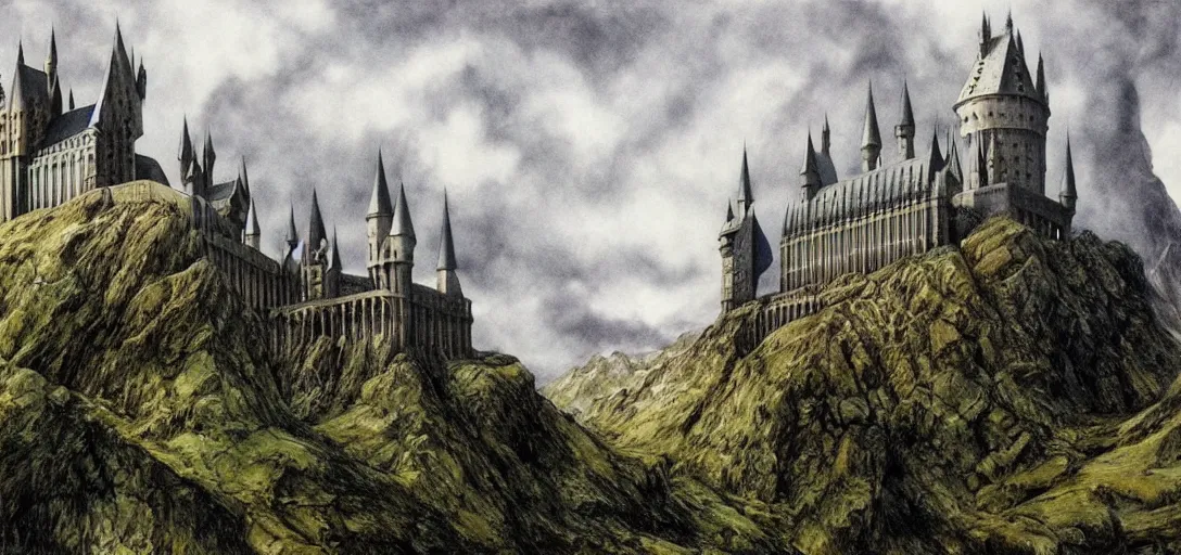 Image similar to Hogwarts landscape painted by Alan Lee